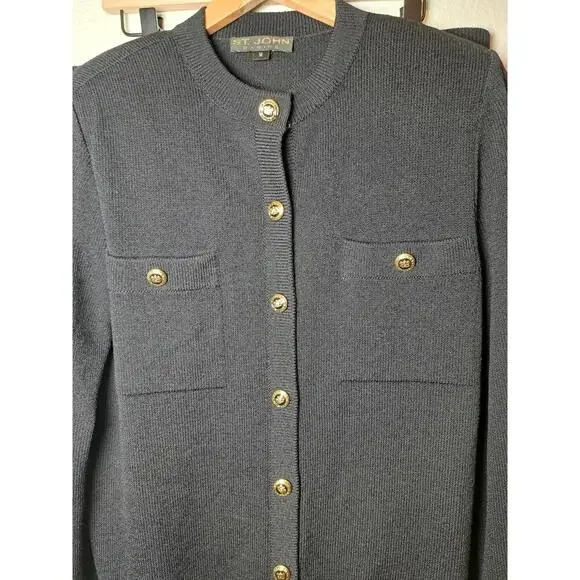 ST. JOHN BASICS Santana Knit Cardigan And Pants Black Military Gold Button M